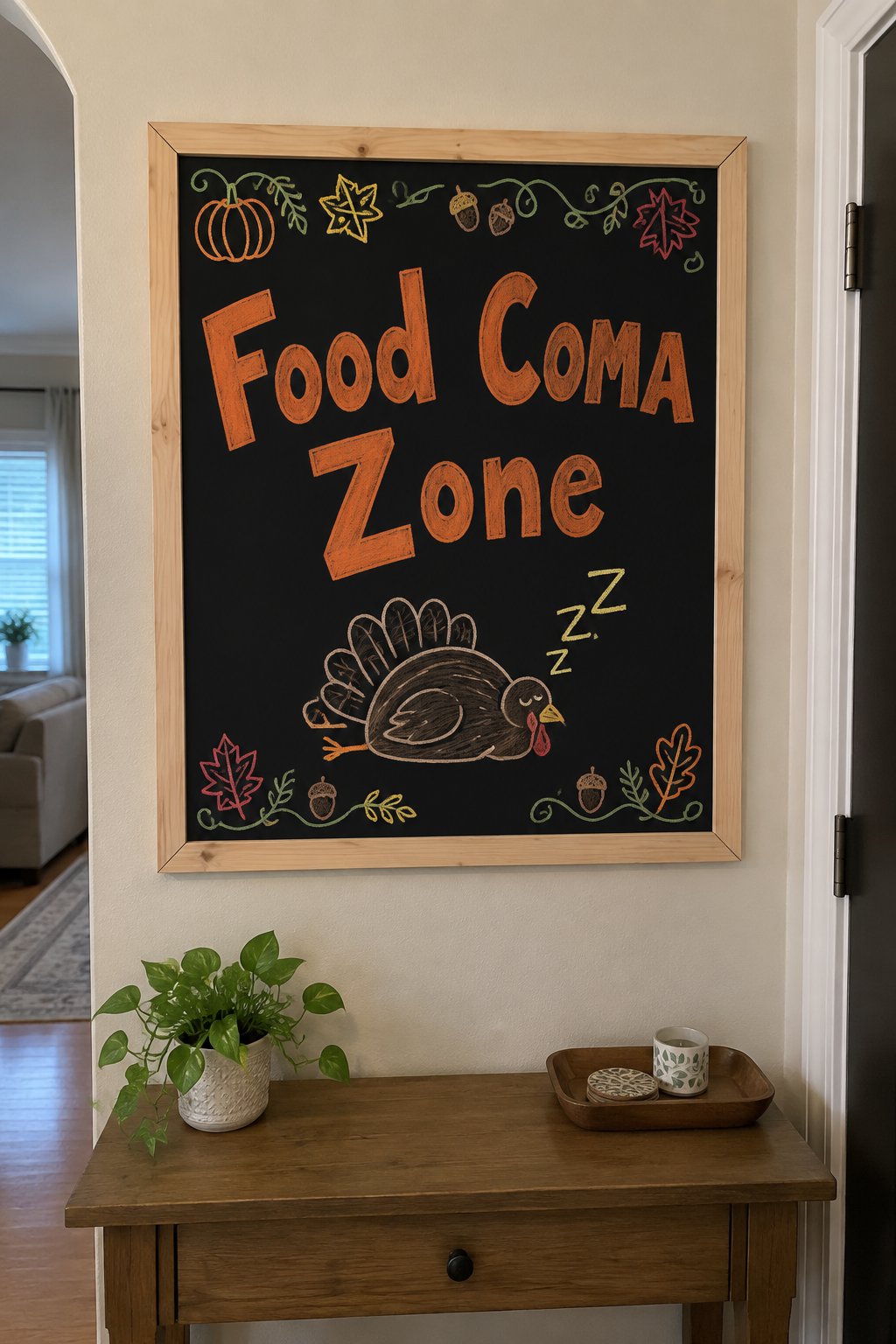 Food Coma Zone: a framed Thanksgiving chalkboard sign reading "Food Coma Zone", hand-drawn in chalk with a sleepy turkey with floating Z's.