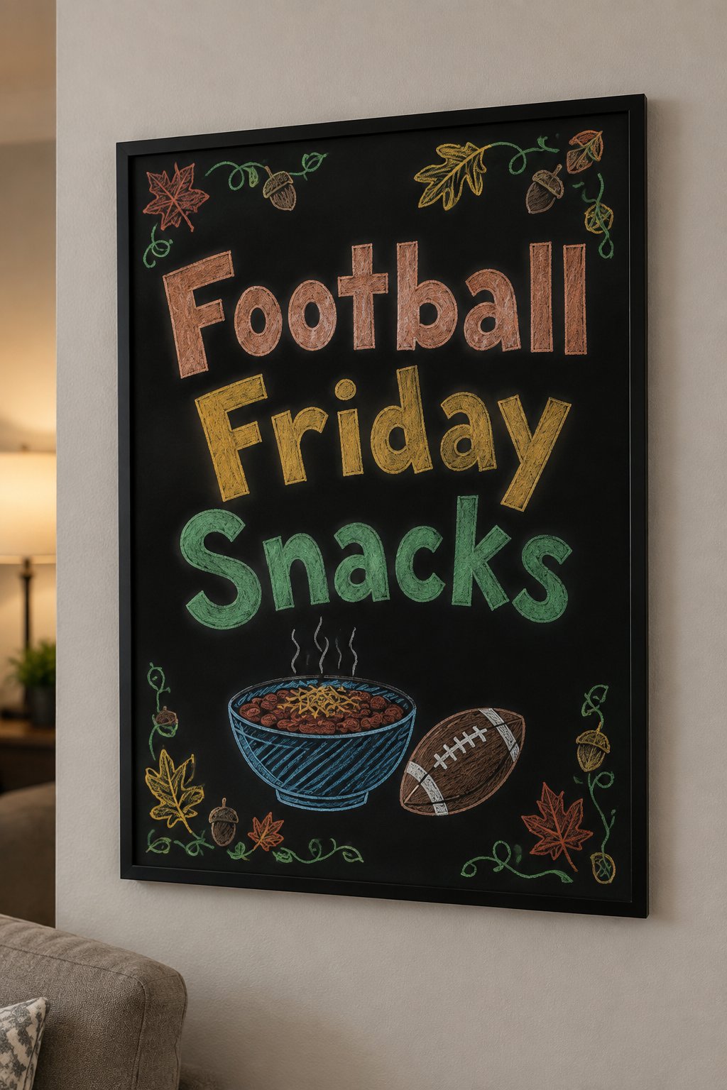 Football Friday Menu: a framed fall chalkboard sign reading "Football Friday Snacks", hand-drawn in chalk with a bowl of chili beside a small football.