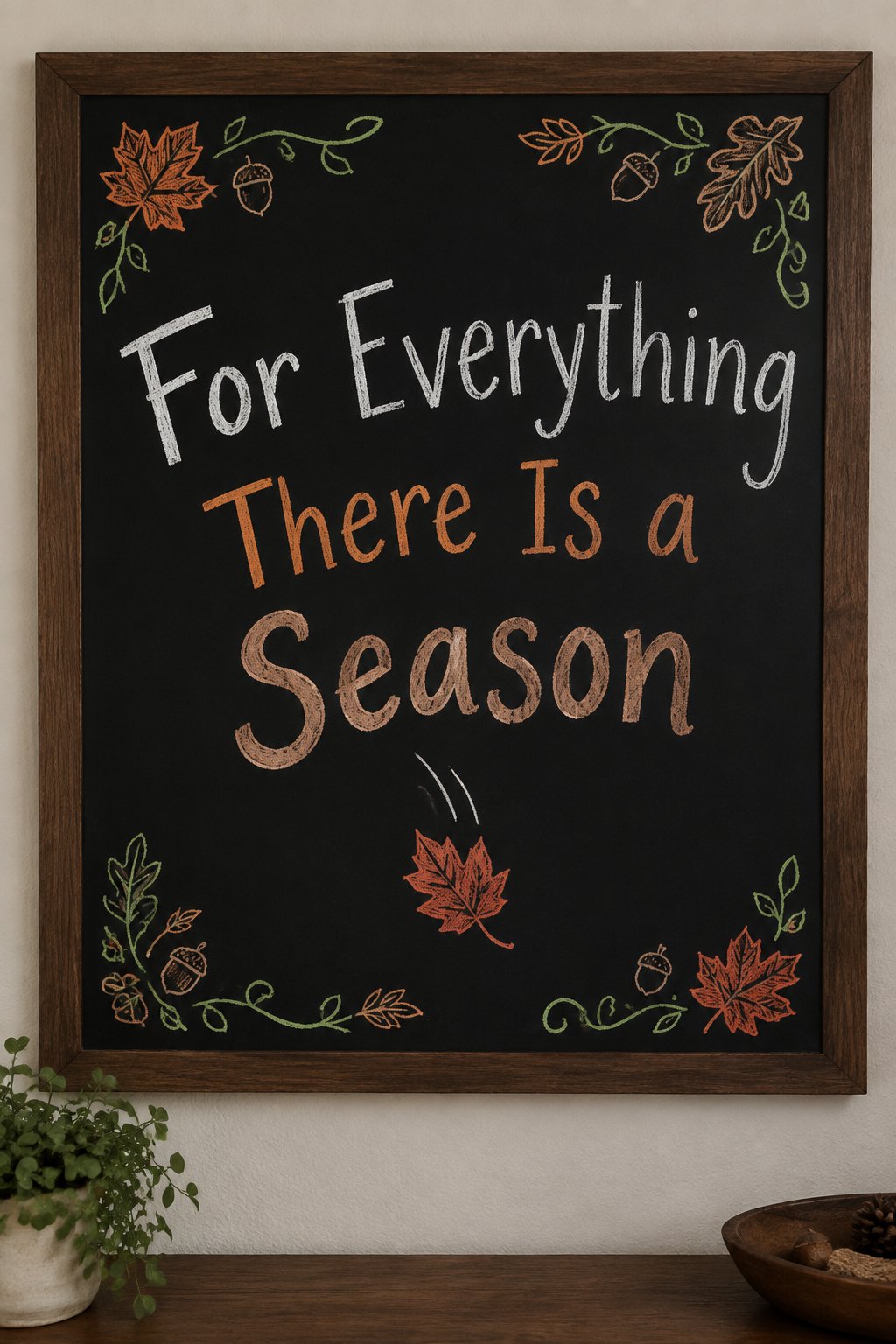 For Everything a Season Board: a framed fall chalkboard sign reading "For Everything There Is a Season", hand-drawn in chalk with one leaf drifting down beneath the words.