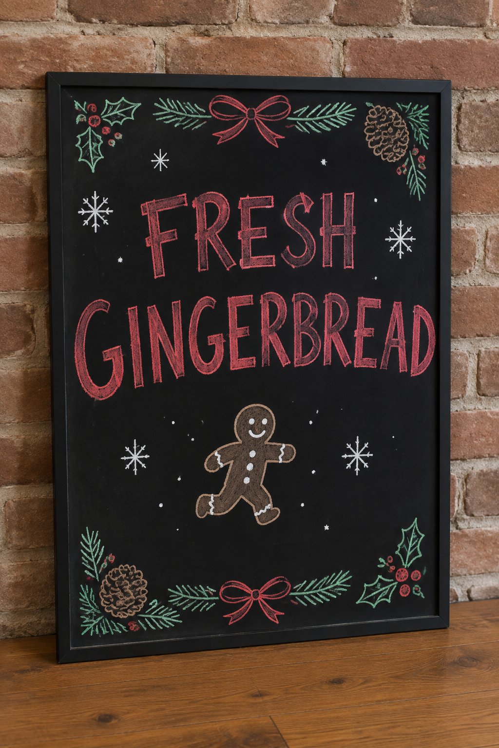Fresh Gingerbread Board: a framed December chalkboard sign reading "Fresh Gingerbread", hand-drawn in chalk with a small gingerbread man mid-run with three icing buttons.