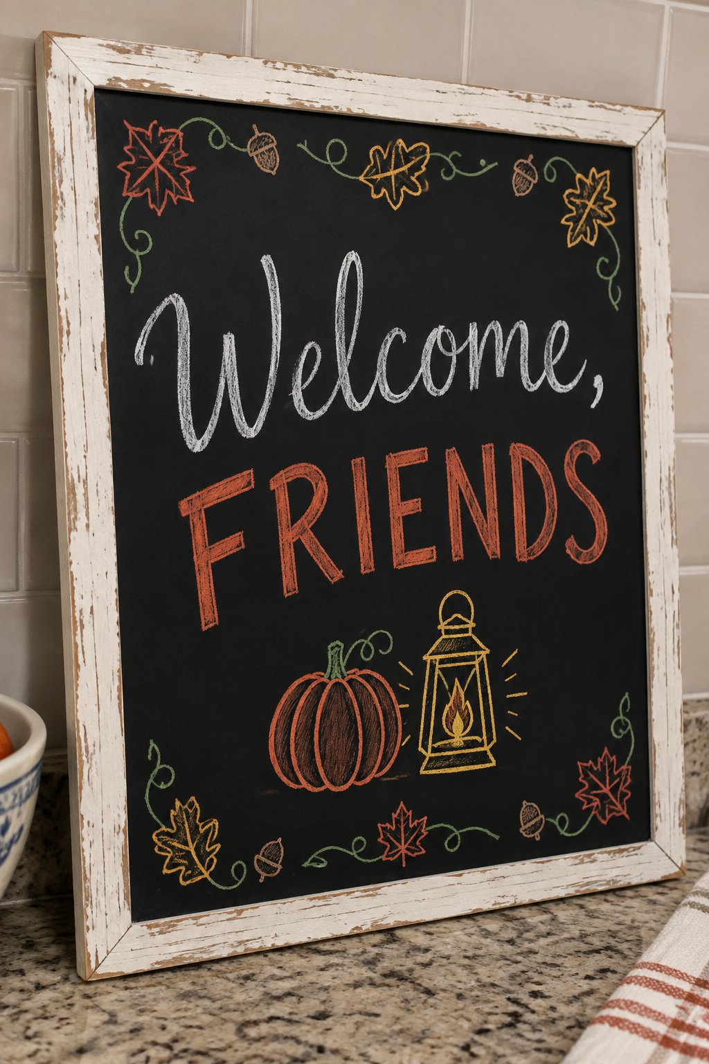 Front Porch Welcome: a framed Thanksgiving chalkboard sign reading "Welcome, Friends", hand-drawn in chalk with a small pumpkin beside a glowing lantern.