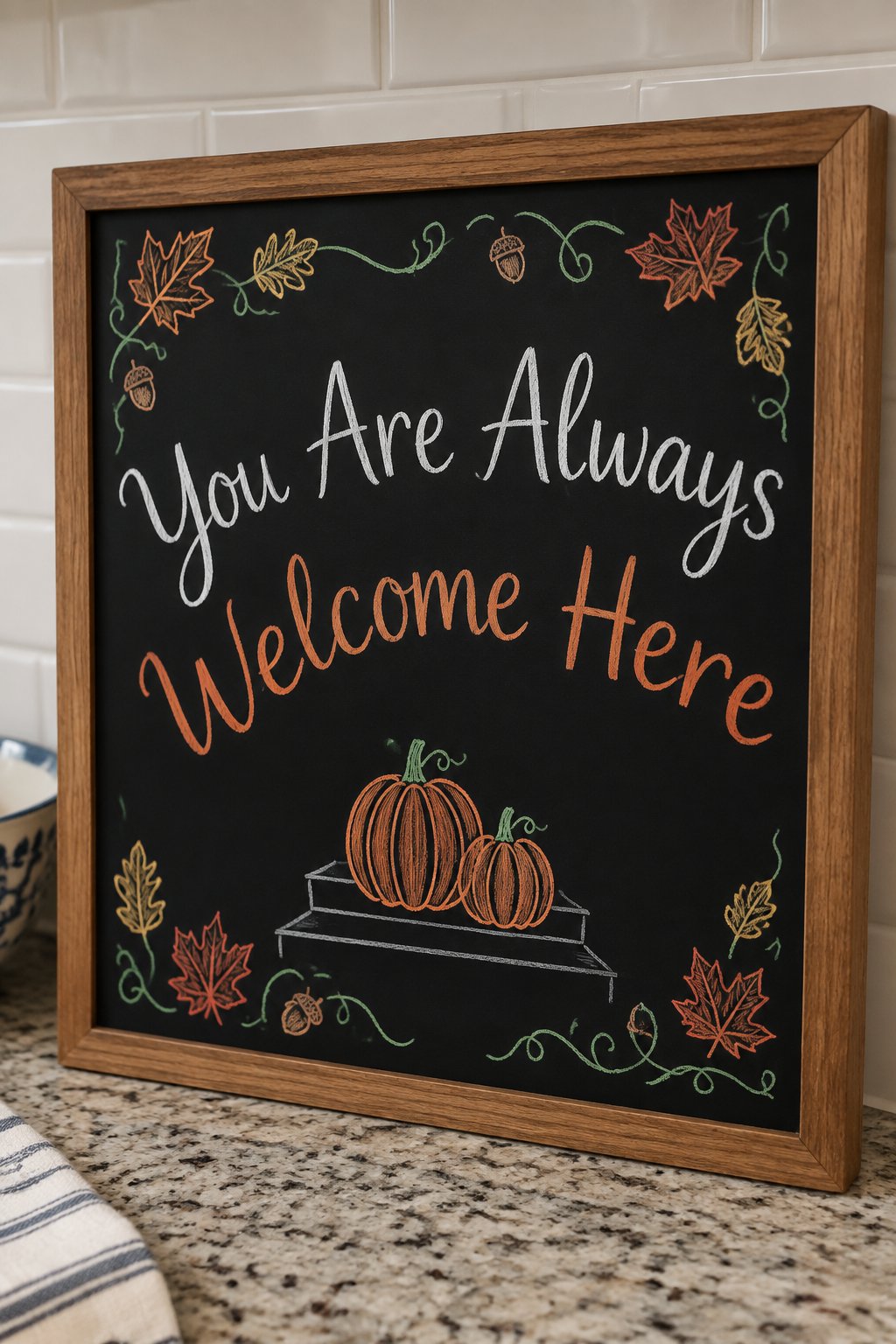 Front Steps Welcome: a framed fall chalkboard sign reading "You Are Always Welcome Here", hand-drawn in chalk with two small pumpkins on the front steps.