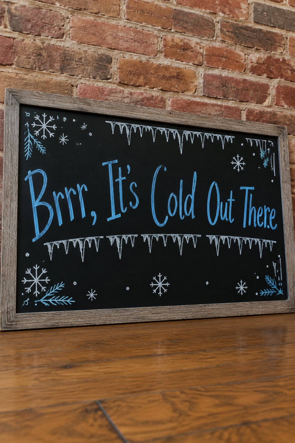 Frosty Front Door Sign: a framed winter chalkboard sign reading "Brrr, It's Cold Out There", hand-drawn in chalk with a row of small icicles hanging along the top edge.