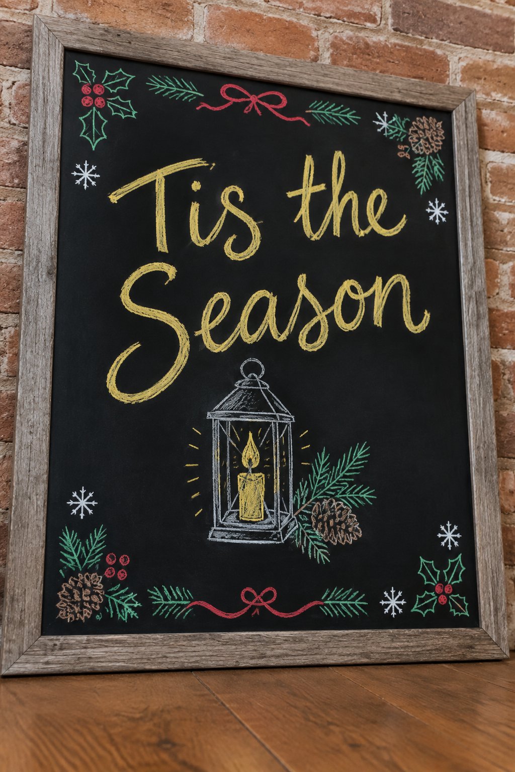 Frosty Front Porch: a framed December chalkboard sign reading "Tis the Season", hand-drawn in chalk with a lantern with a glowing candle and a sprig of pine beside it.