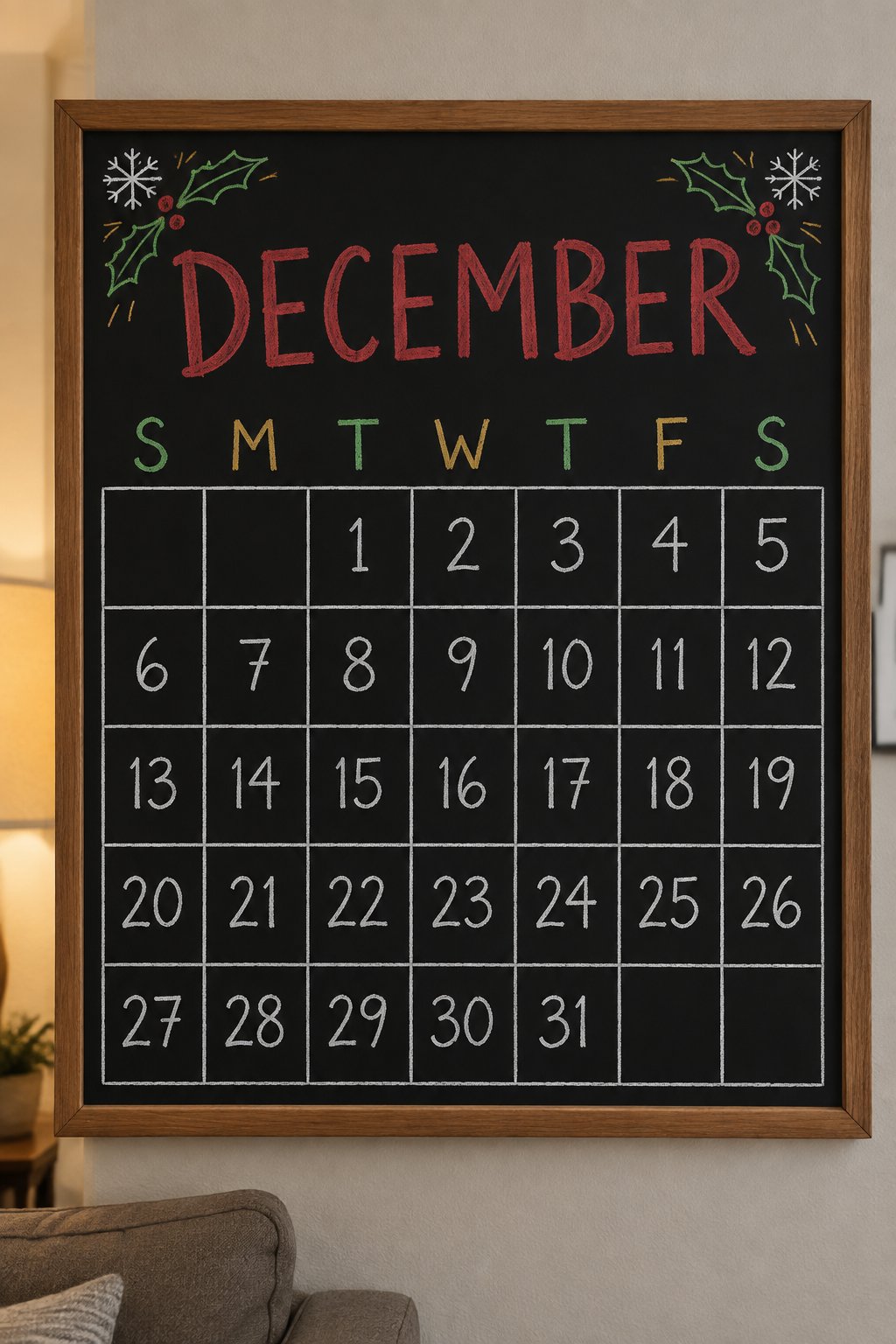 Full December Grid: a framed chalkboard sign showing "DECEMBER", hand-drawn in white, deep red, sage green and gold chalk, with a sprig of holly and a small snowflake tucked into the top corners.
