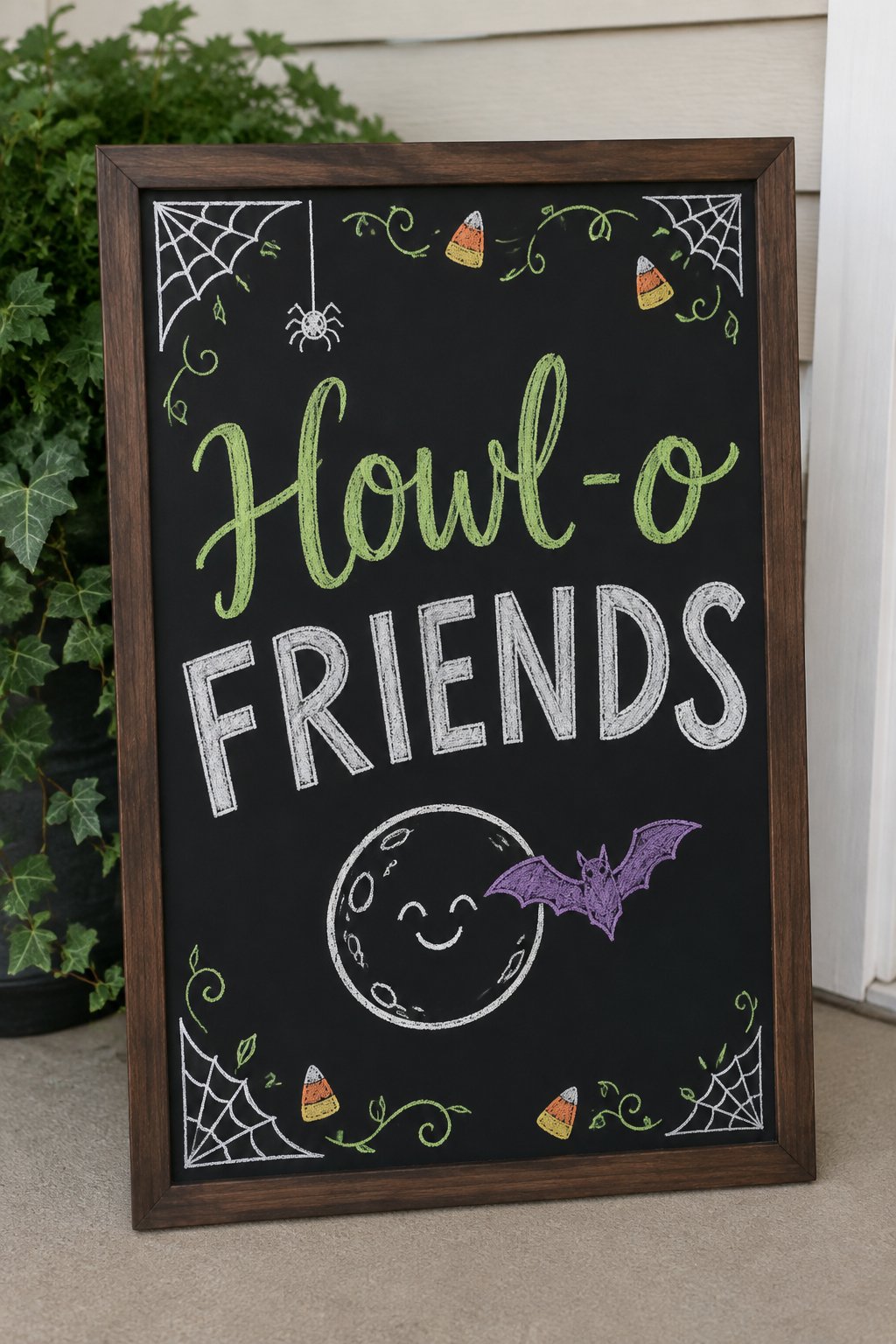 Full Moon Welcome: a framed Halloween chalkboard sign reading "Howl-o Friends", hand-drawn in chalk with a round smiling moon with a bat flying past it.