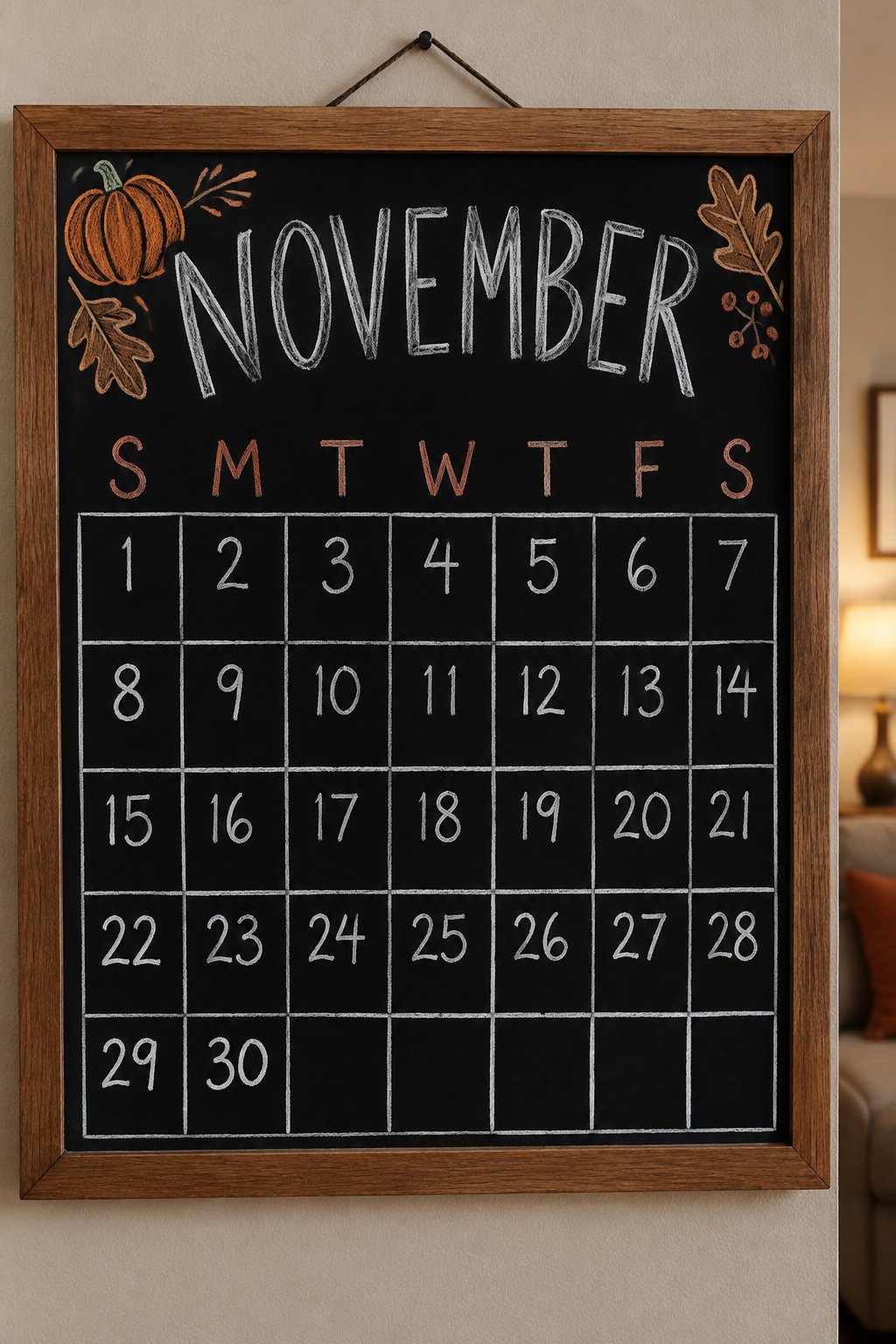 Full November Grid: a framed chalkboard sign showing "NOVEMBER", hand-drawn in fall chalk colors, with a pumpkin and two oak leaves tucked into the top corners.