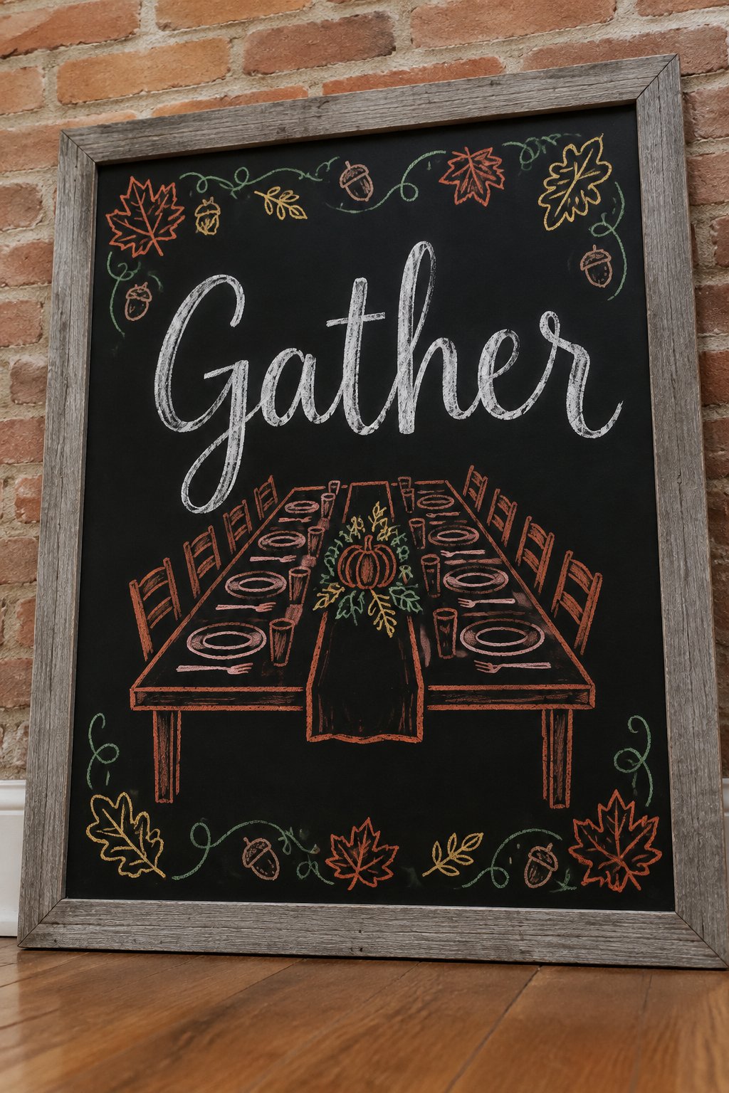 Gather Board: a framed Thanksgiving chalkboard sign reading "Gather", hand-drawn in chalk with a long dinner table with place settings, drawn larger than the word.