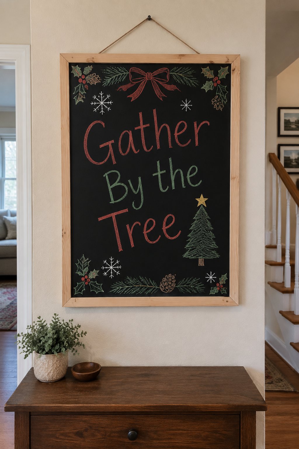 Gather By the Tree: a framed chalkboard sign showing "Gather By the Tree", hand-drawn in white, deep red, sage green and gold chalk, with a small pine tree with a single star on top drawn beside the w