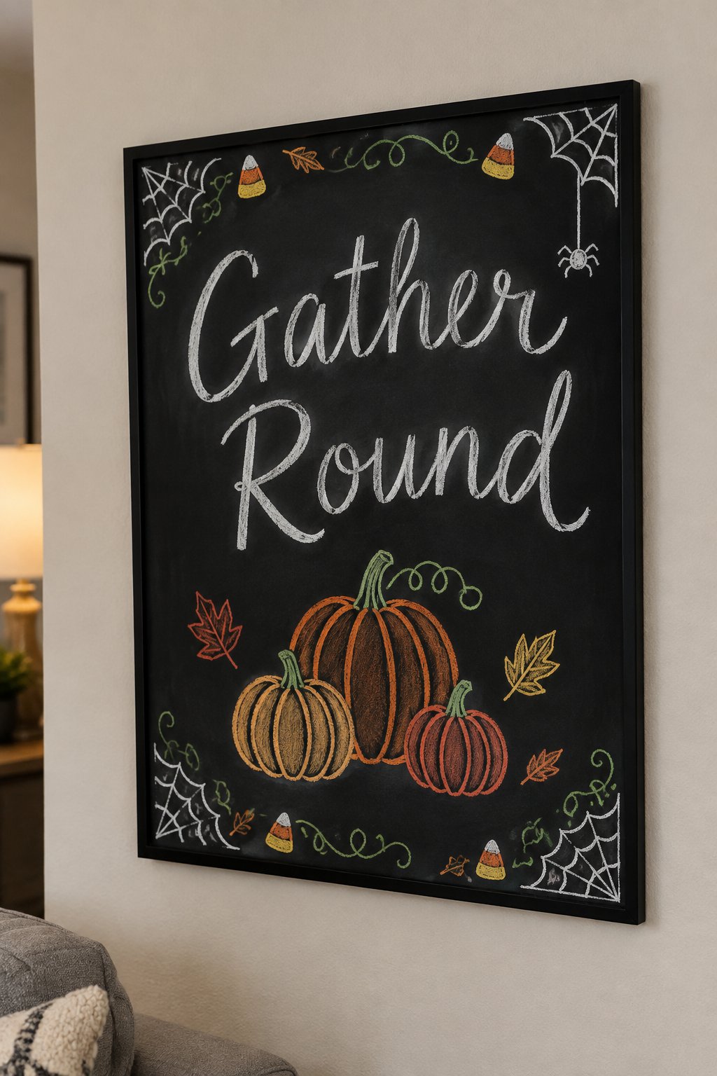 Gather Round the Pumpkins: a framed Halloween chalkboard sign reading "Gather Round", hand-drawn in chalk with three pumpkins of different sizes clustered together with a few fall leaves.
