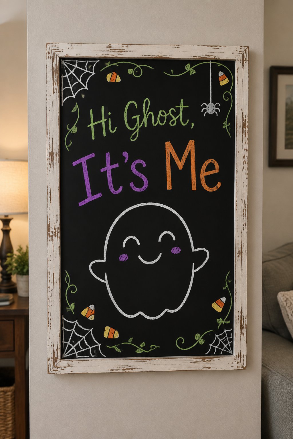 Ghost Doodle: a framed Halloween chalkboard sign reading "Hi Ghost, It's Me", hand-drawn in chalk with one single round smiling ghost drawn large in the center.