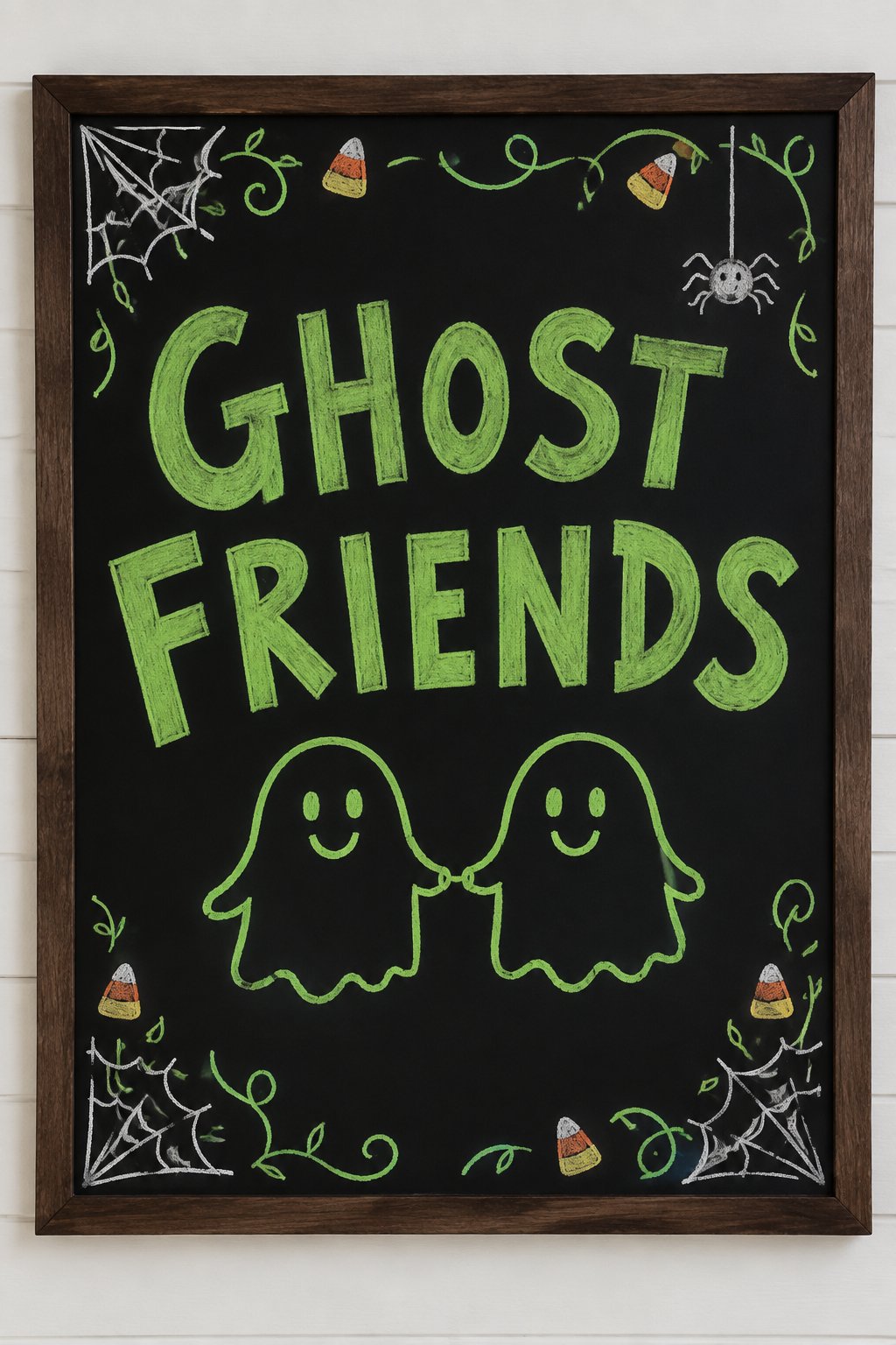 Ghost Friends: a framed Halloween chalkboard sign reading "Ghost Friends", hand-drawn in chalk with two round smiling ghosts holding hands.