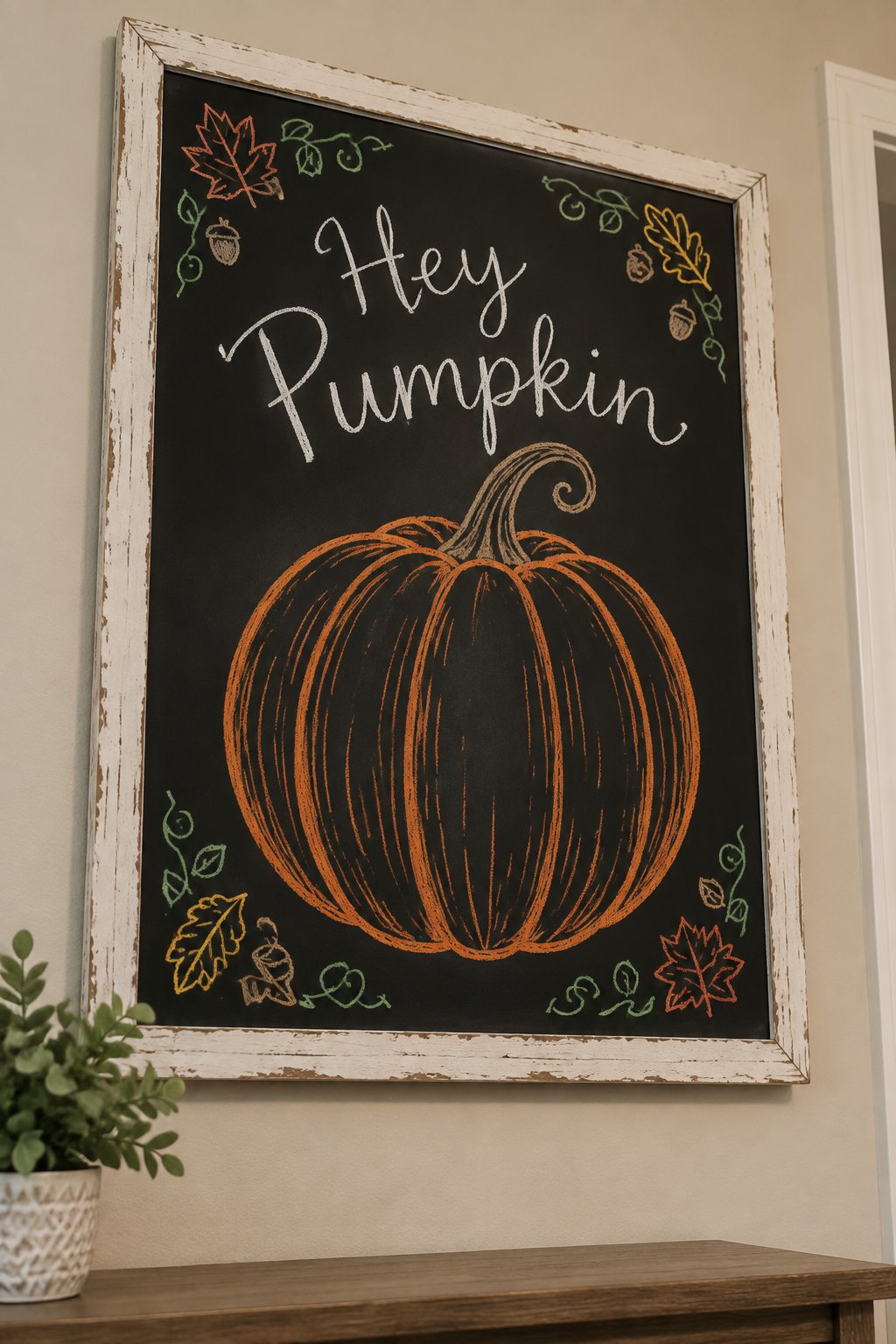 Giant Pumpkin Board: a framed fall chalkboard sign reading "Hey Pumpkin", hand-drawn in chalk with one large round pumpkin filling most of the board with a curly stem.