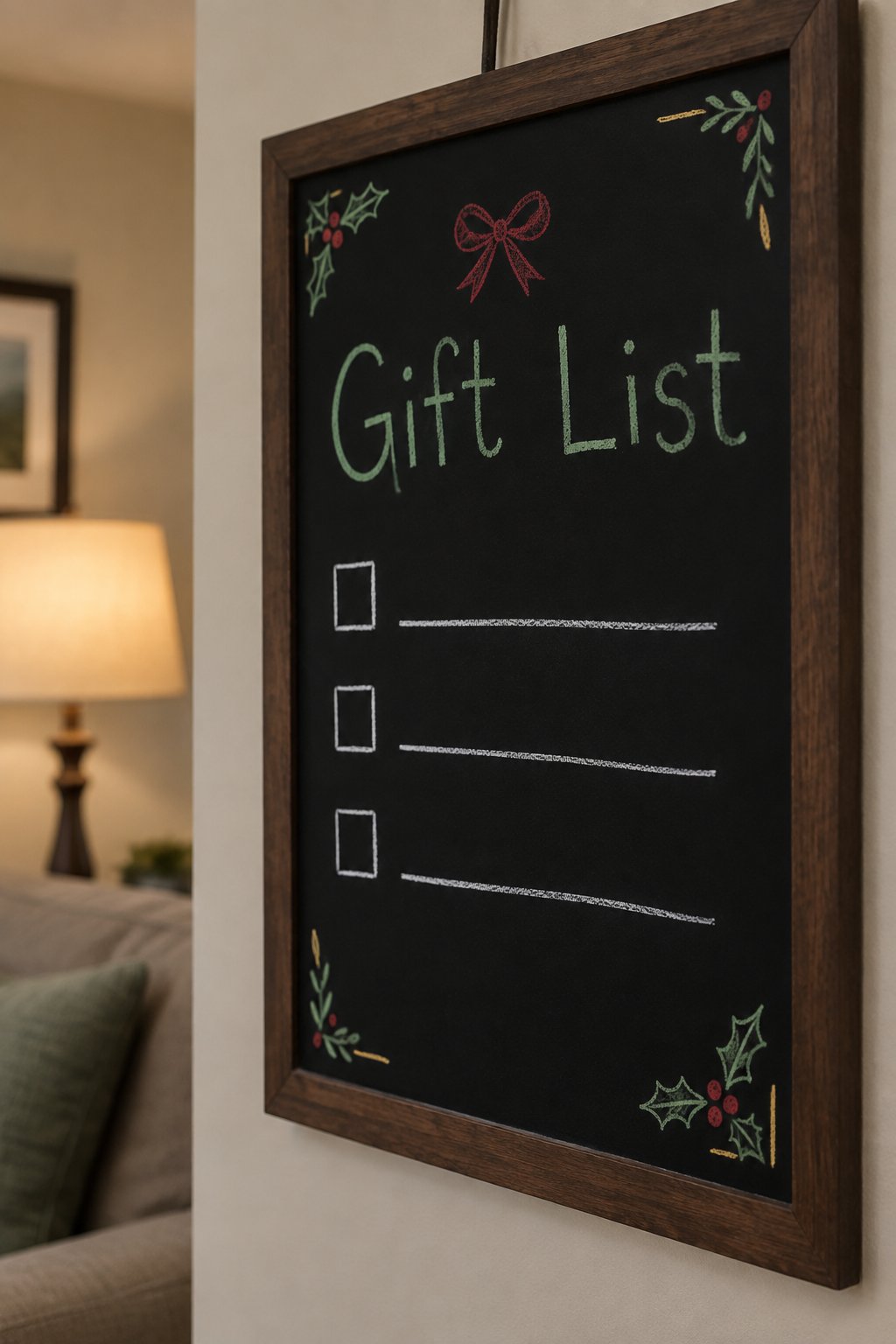 Gift List Board: a framed chalkboard sign showing "Gift List", hand-drawn in white, deep red, sage green and gold chalk, with three blank lines each beside a small empty checkbox, with a tiny bow dood