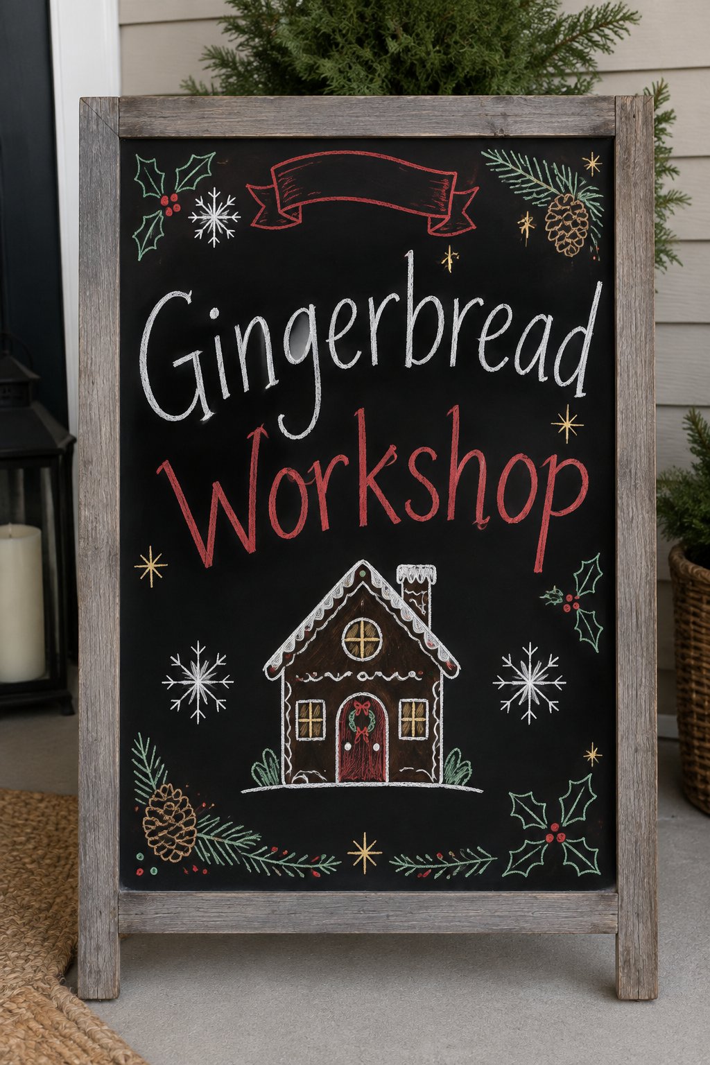 Gingerbread Workshop: a framed chalkboard sign reading "Gingerbread Workshop", hand-drawn in chalk with a gingerbread house with icing trim.