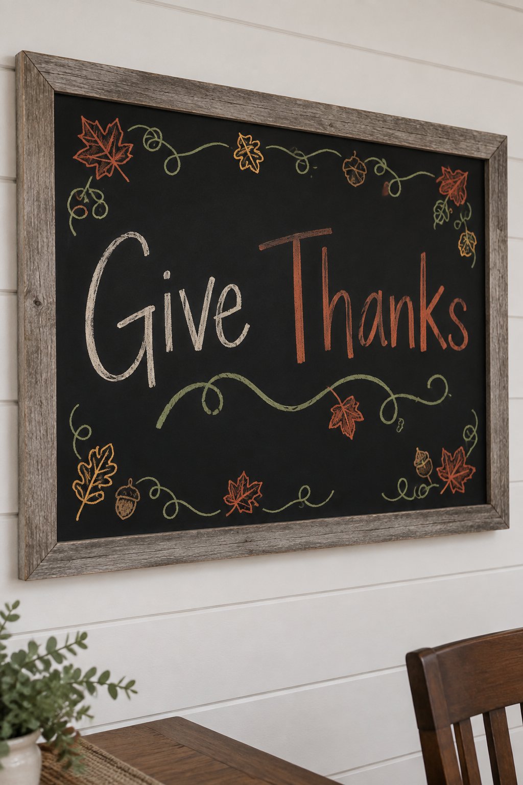 Give Thanks: a framed chalkboard sign showing "Give Thanks", hand-drawn in fall chalk colors, with a single curling pumpkin vine looping under the words.