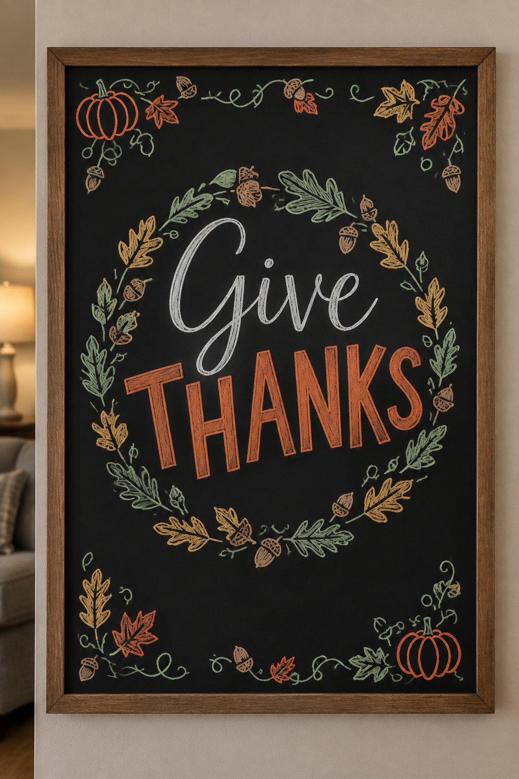 Give Thanks Wreath: a framed Thanksgiving chalkboard sign reading "Give Thanks", hand-drawn in chalk with a round wreath of oak leaves and acorns around the words.