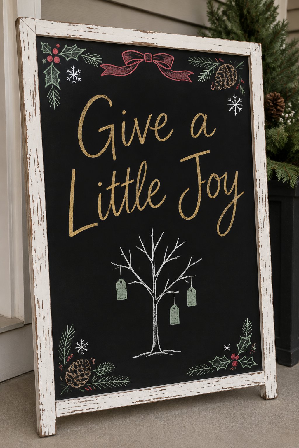Giving Tree Board: a framed December chalkboard sign reading "Give a Little Joy", hand-drawn in chalk with a small bare tree with a few paper tags hanging from its branches.