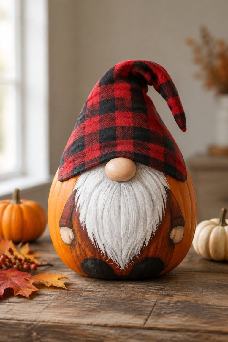 Cozy Plaid Gnome - gnome painted pumpkin