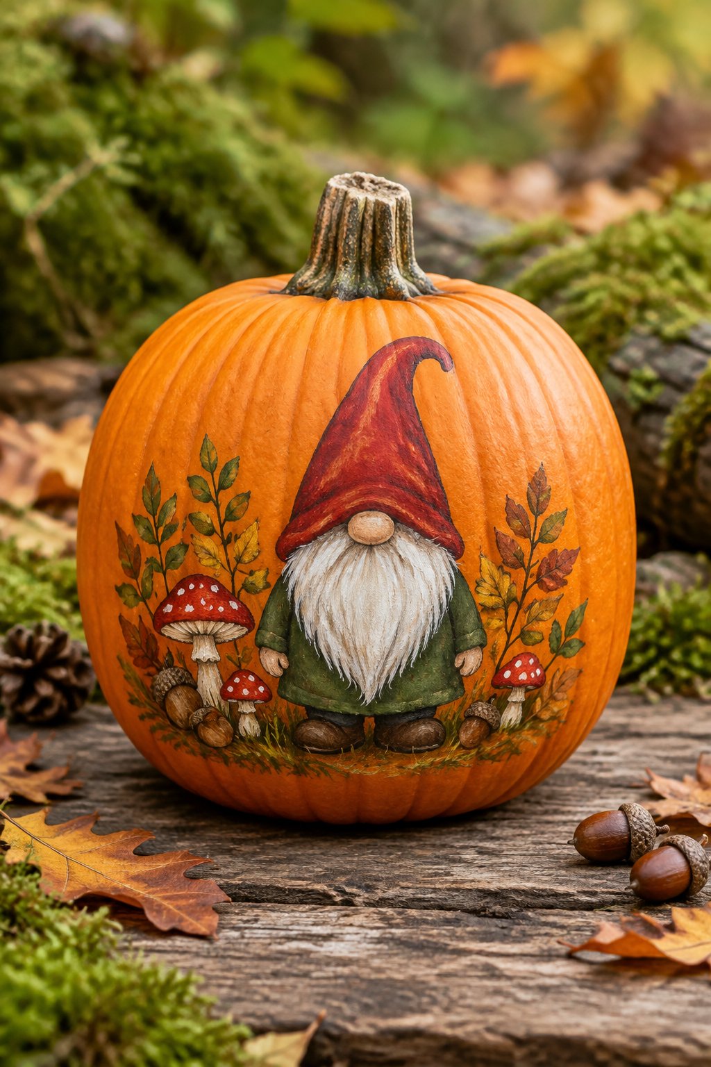 Woodland Gnome Friend - gnome painted pumpkin