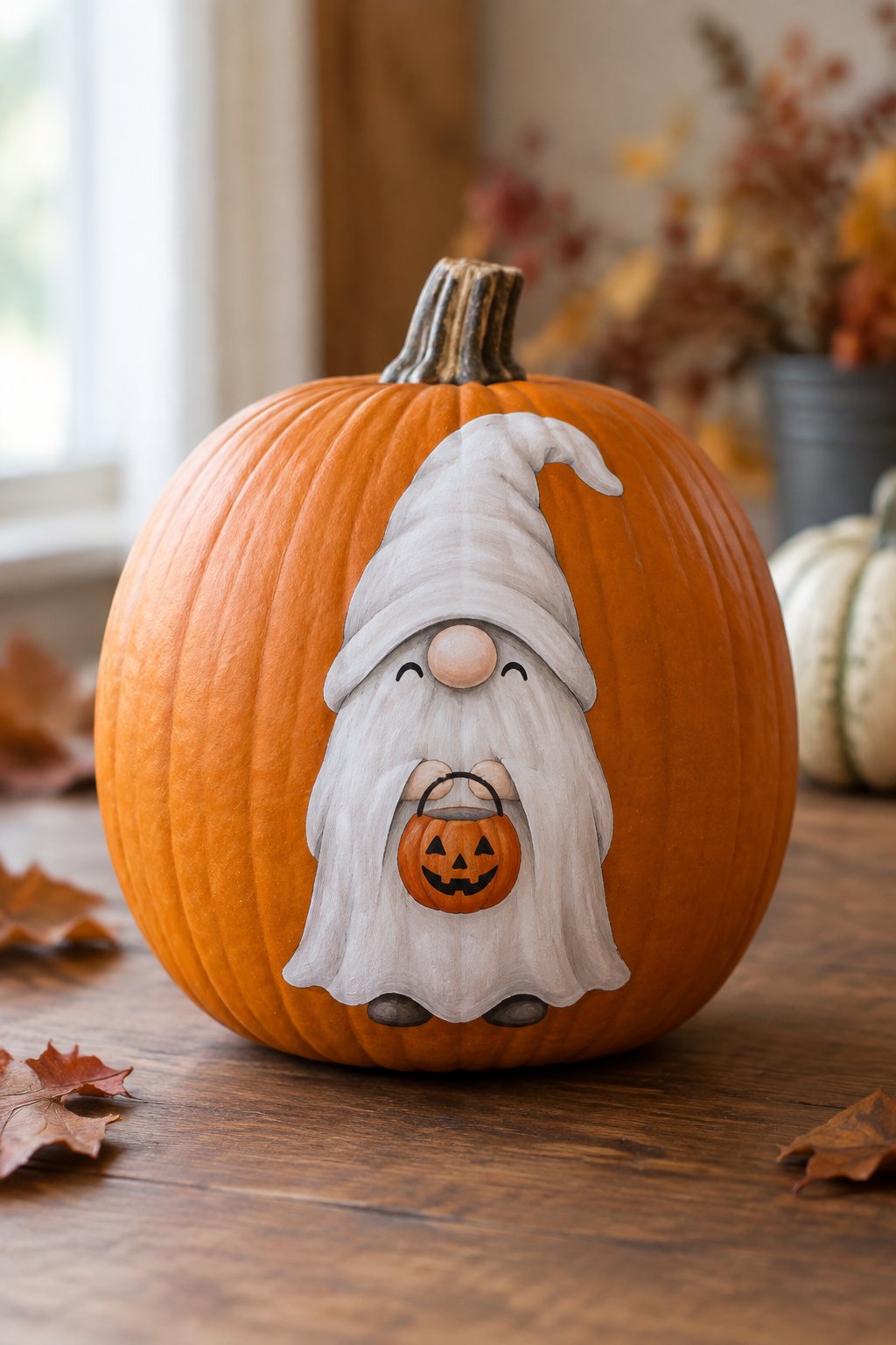 Cute Ghost Gnome - gnome painted pumpkin