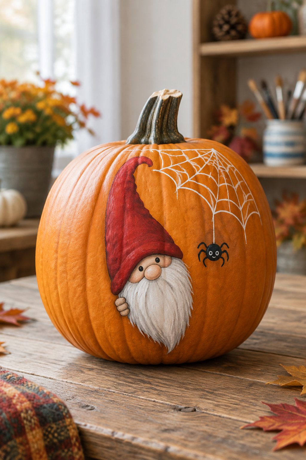 Spiderweb Corner Gnome - gnome painted pumpkin