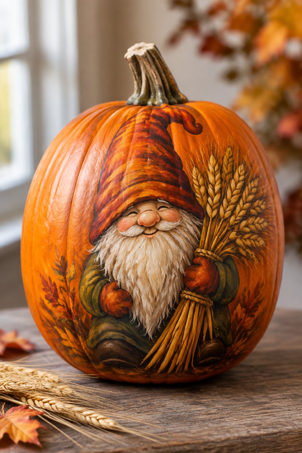 Wheat Bundle Gnome - gnome painted pumpkin