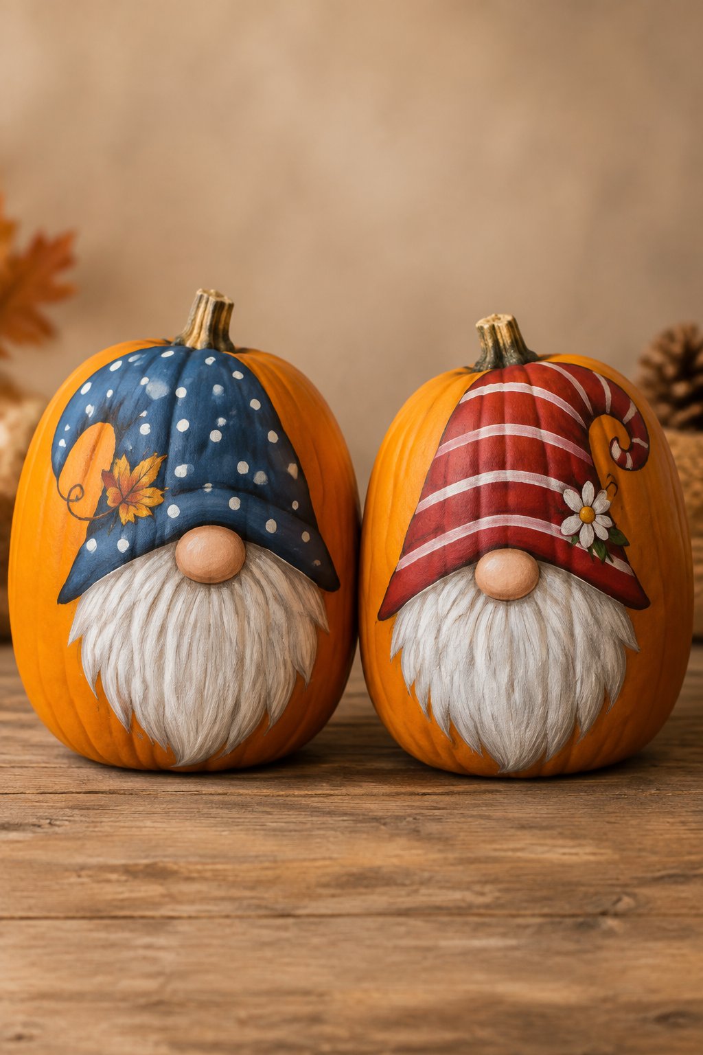 Twin Gnome Duo - gnome painted pumpkin