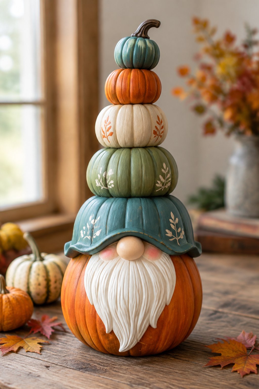 Tall Hat Stack - gnome painted pumpkin