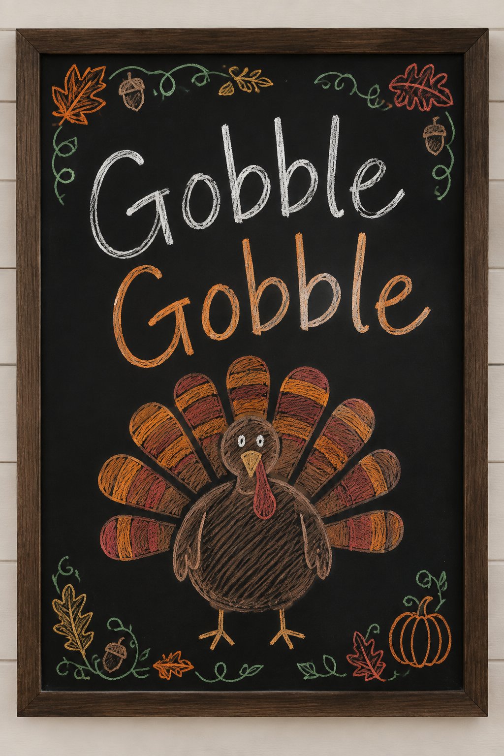 Gobble Gobble Turkey: a framed Thanksgiving chalkboard sign reading "Gobble Gobble", hand-drawn in chalk with a big round turkey with a fan of striped tail feathers.