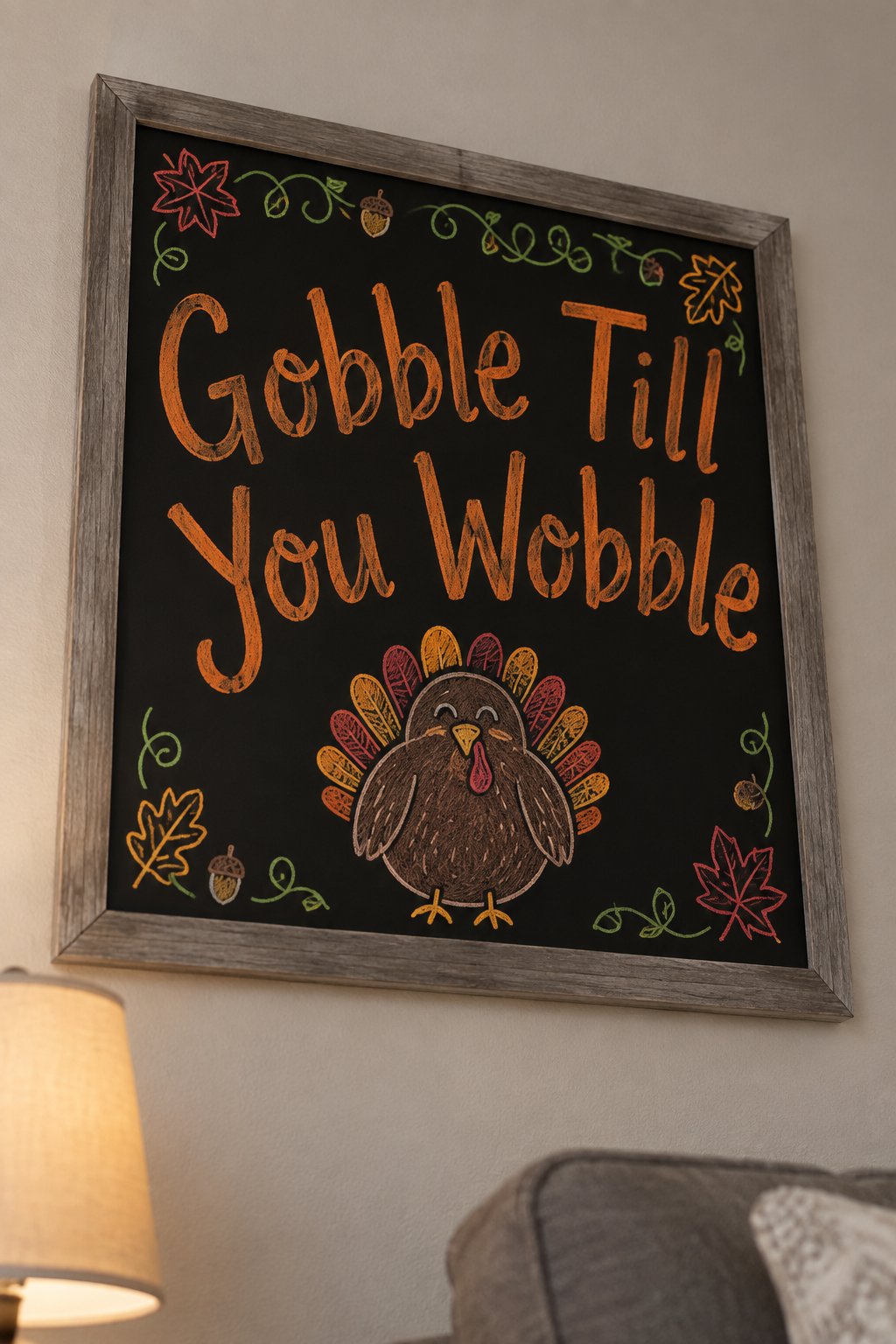 Gobble Till You Wobble: a framed Thanksgiving chalkboard sign reading "Gobble Till You Wobble", hand-drawn in chalk with a very round, happy turkey.