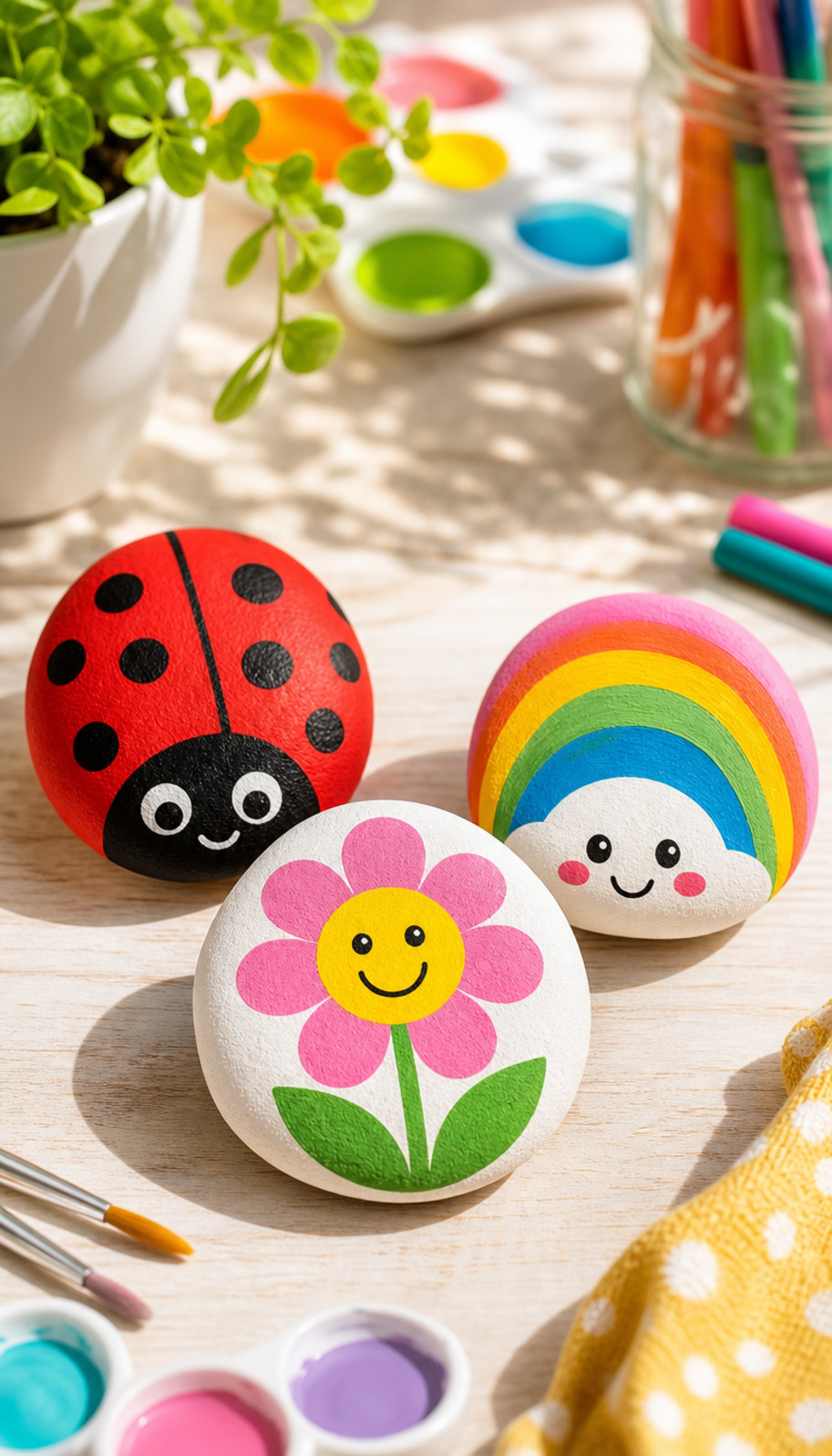 A painted golden hamster pet rock with pink ears, black eyes, cream accents, and a small flower beside it.