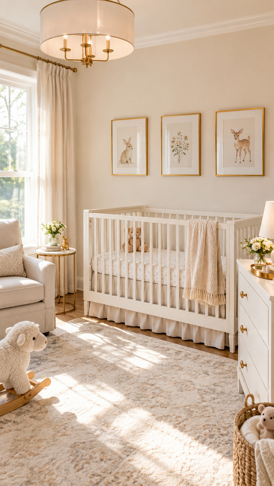 A golden nursery lamp sits on a white dresser, illuminating a cozy baby room with blush accents and starry decor.