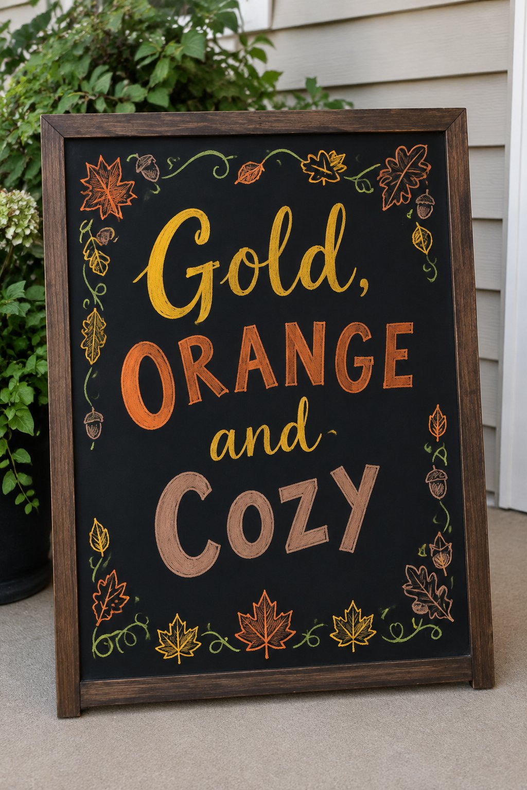 Golden Season Board: a framed fall chalkboard sign reading "Gold, Orange and Cozy", hand-drawn in chalk with a border of maple leaves along the bottom edge.