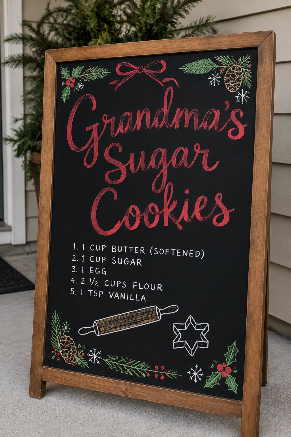 Grandma's Cookie Recipe: a framed Christmas chalkboard sign reading "Grandma's Sugar Cookies", hand-drawn in chalk with a short recipe list with a rolling pin and star cookie cutter.