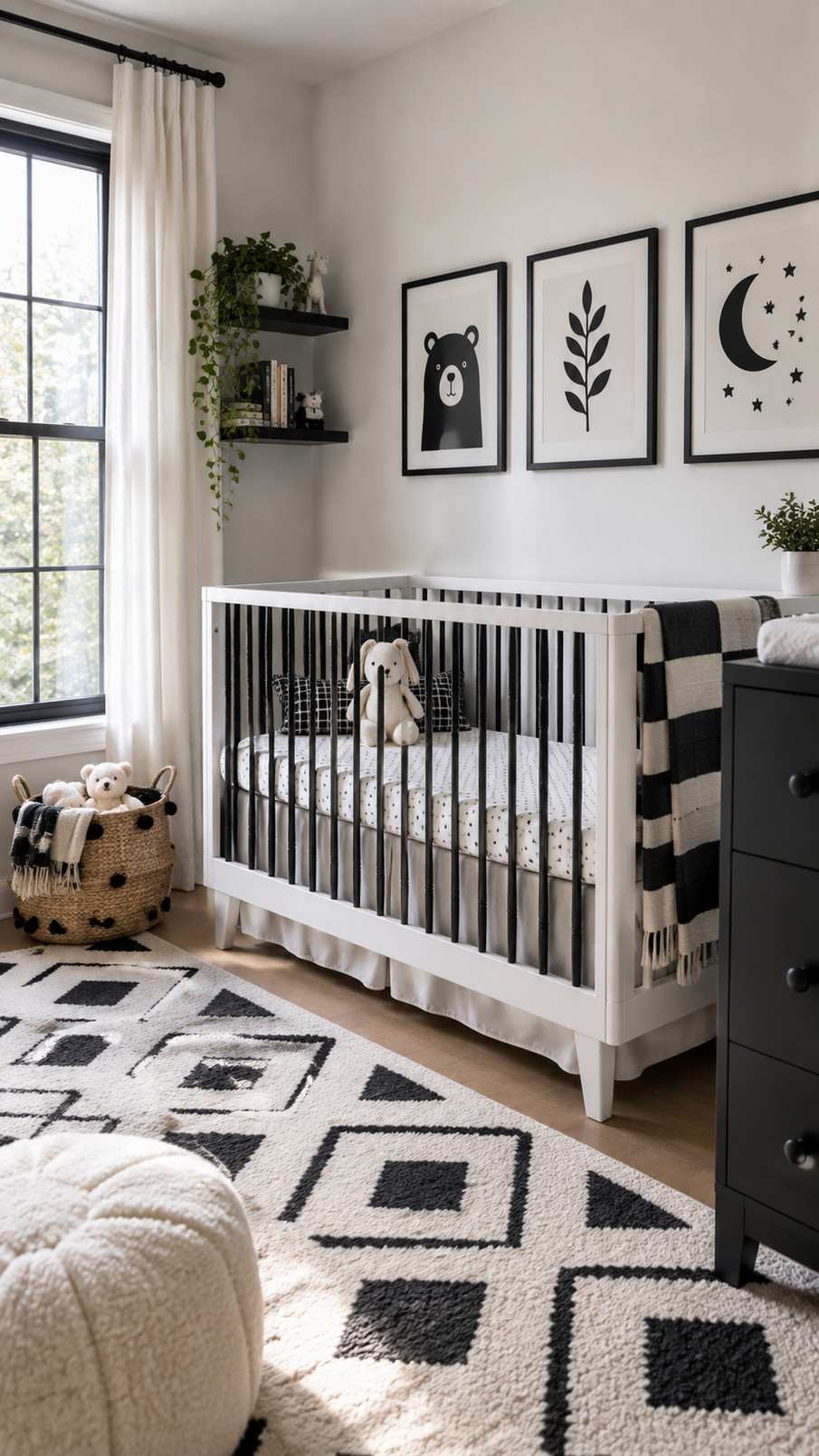 A black-and-white graphic mobile hangs above a crib in a modern monochrome nursery.