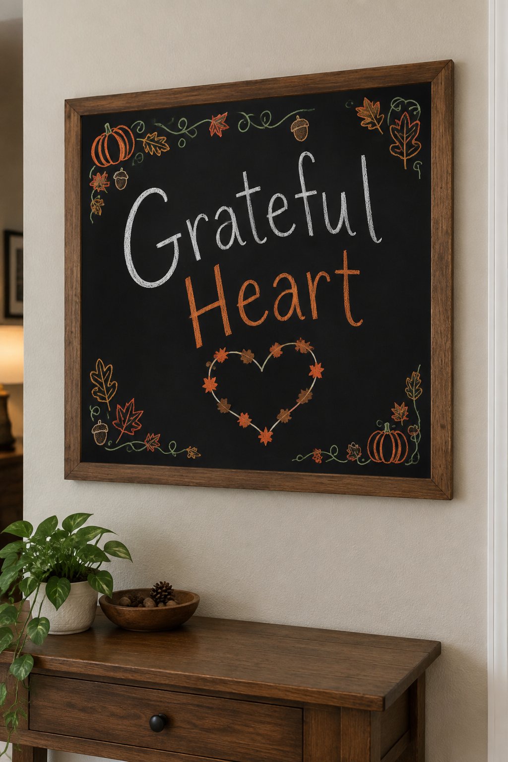 Grateful Heart: a framed chalkboard sign showing "Grateful Heart", hand-drawn in fall chalk colors, with a heart shape traced with a few small maple leaves along its outline.
