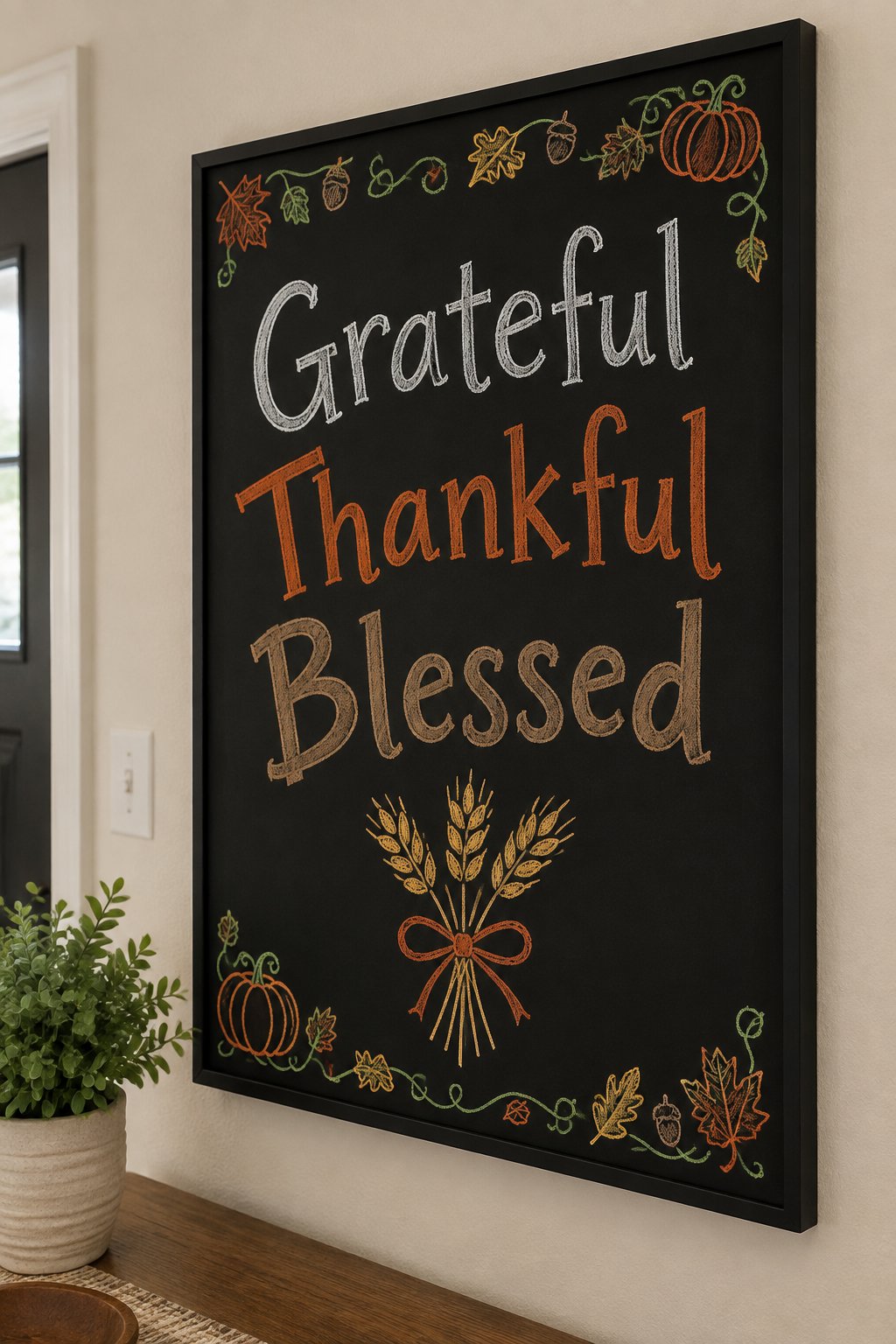 Grateful Thankful Blessed: a framed Thanksgiving chalkboard sign reading "Grateful, Thankful, Blessed", hand-drawn in chalk with three stalks of wheat tied with a ribbon.