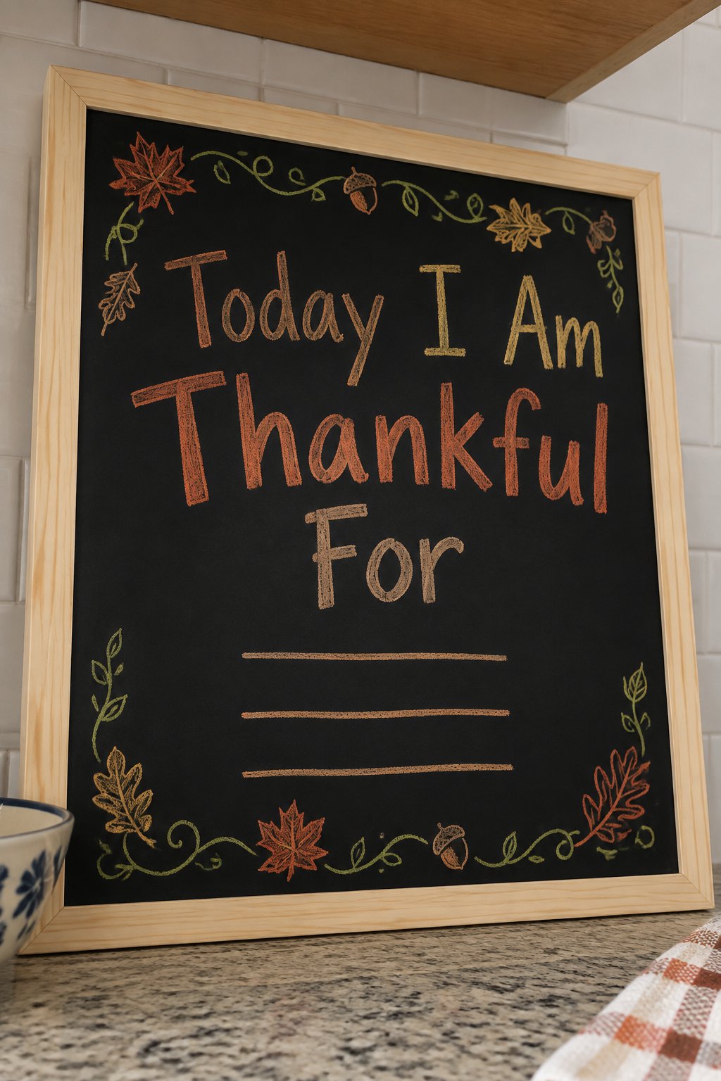 Gratitude List Board: a framed chalkboard sign showing "Today I Am Thankful For", hand-drawn in fall chalk colors, with three short blank chalk lines drawn beneath the words for filling in by hand.
