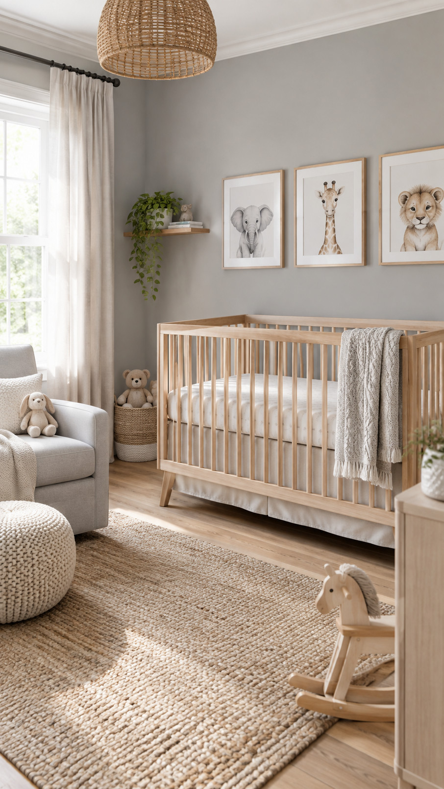 A gray arched bookshelf filled with children's books and plush toys sits against a nursery wall.