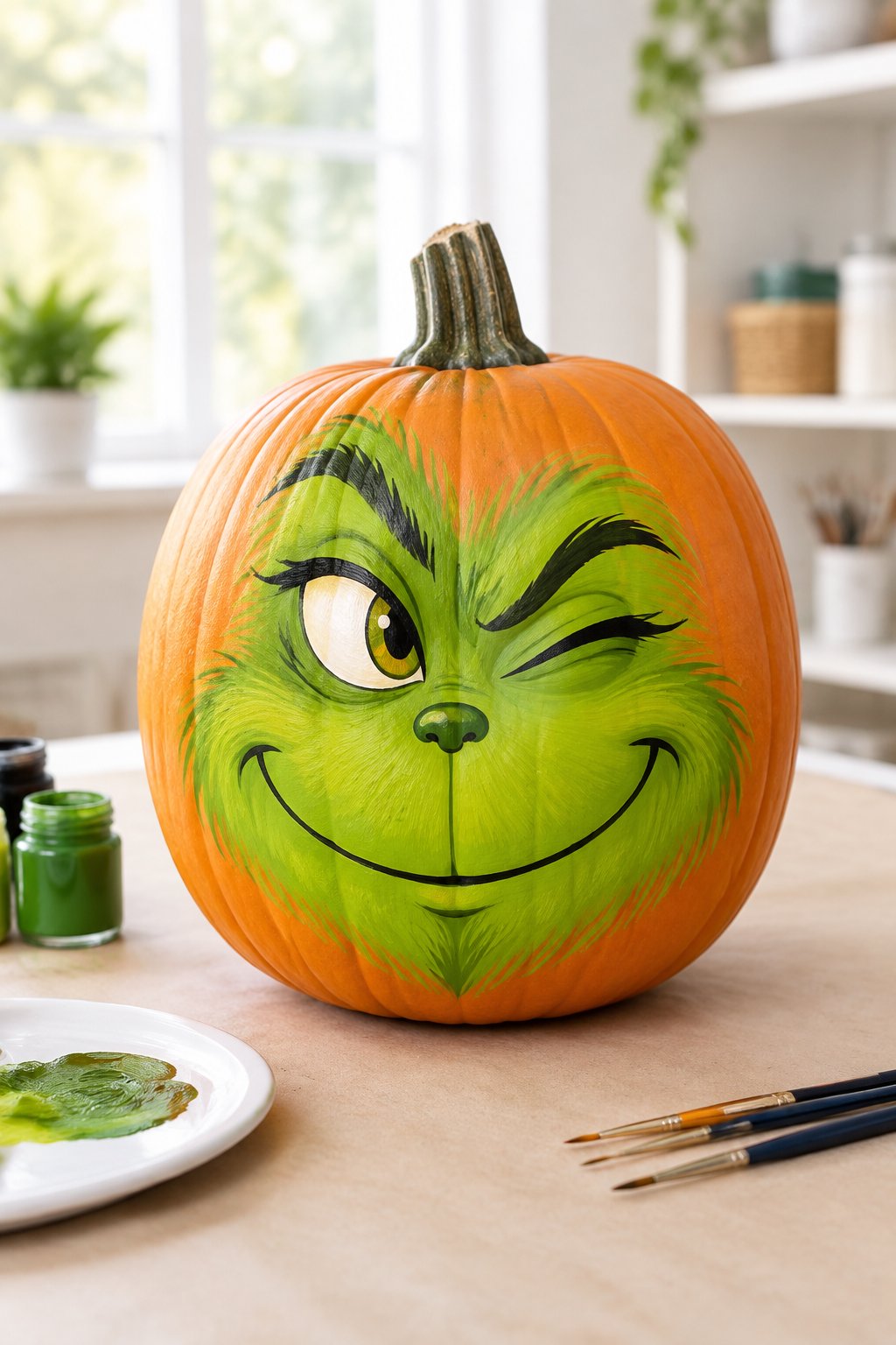 Winking Grinch Face - grinch pumpkin painting
