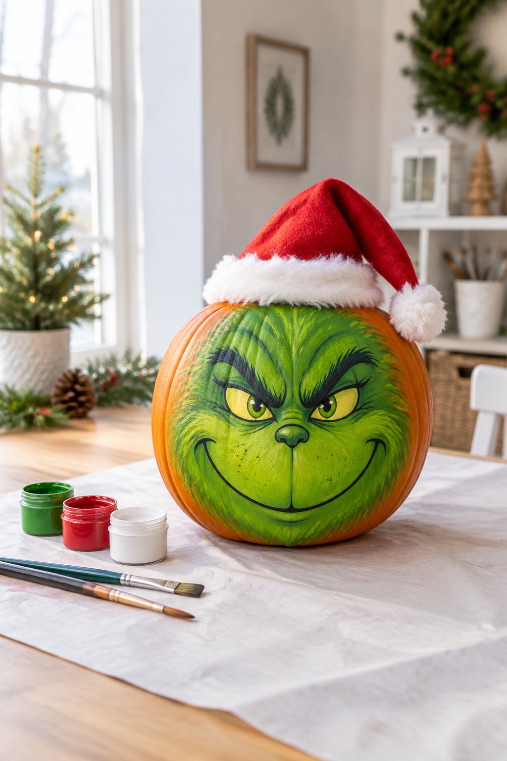 Grinch With Santa Hat - grinch pumpkin painting