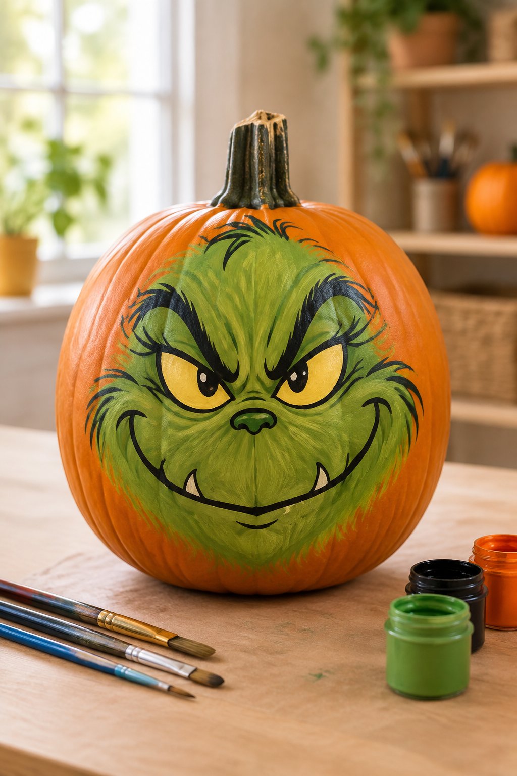 Classic Grinch Grin - grinch pumpkin painting