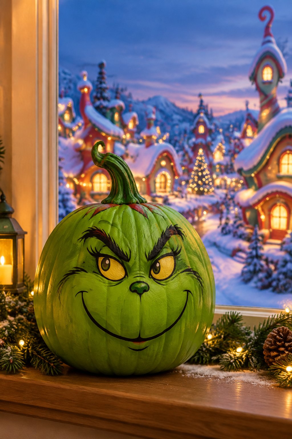 Whoville Twinkling Windows - grinch pumpkin painting