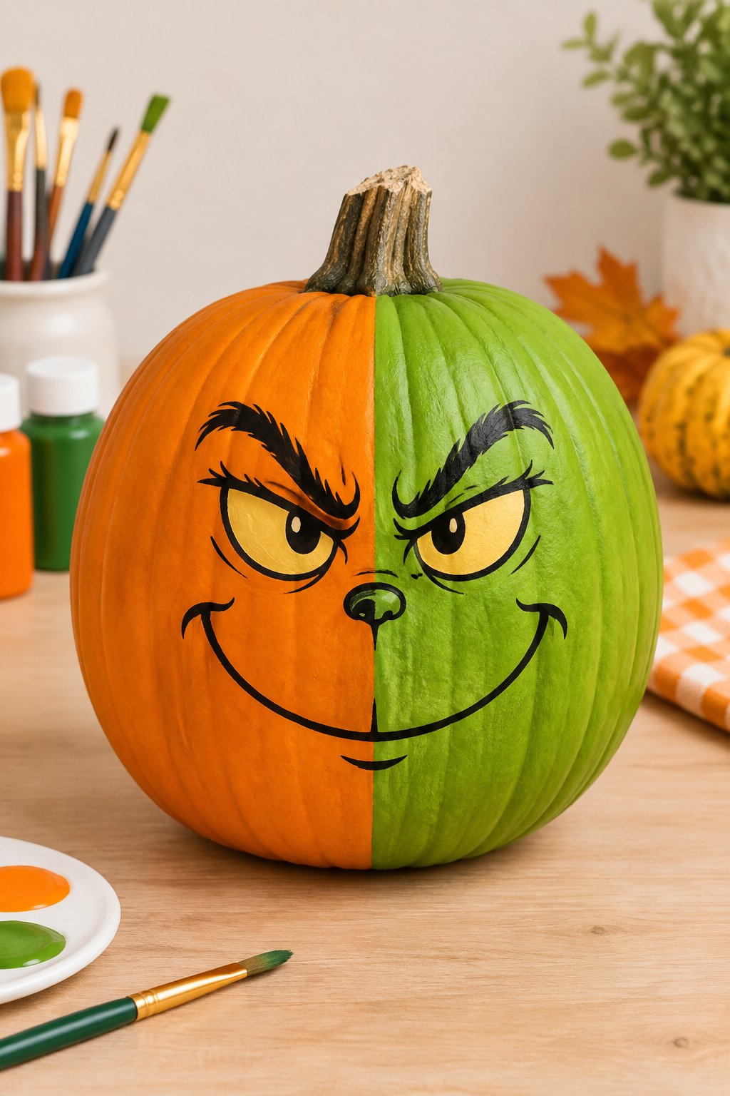 Half Orange Half Green - grinch pumpkin painting