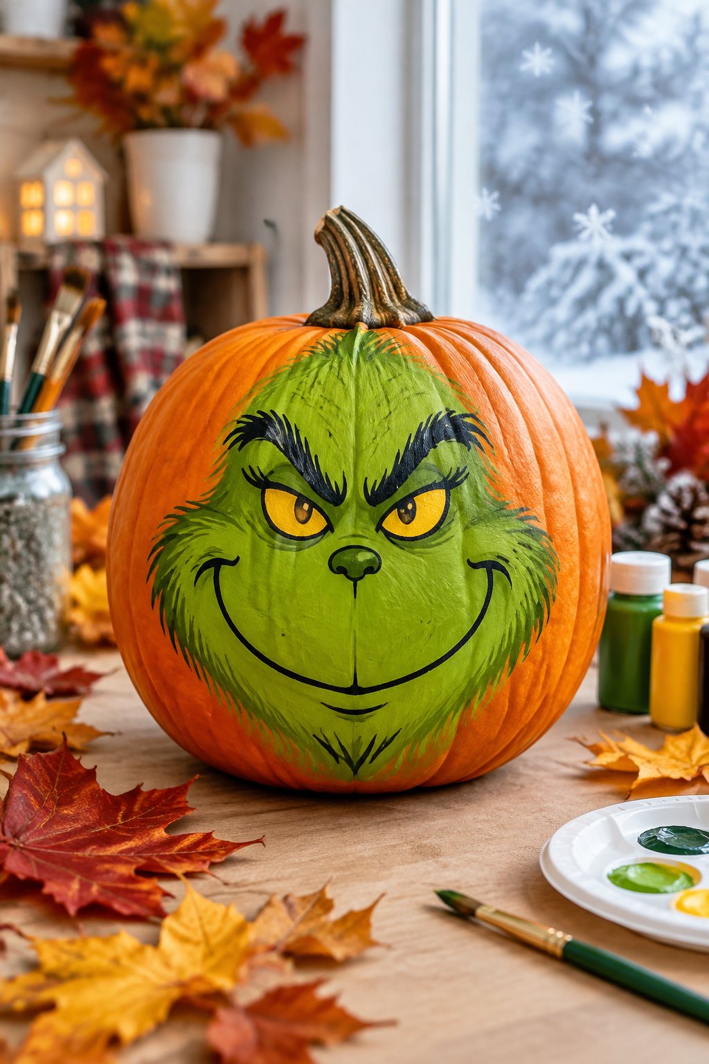 Autumn Leaves To Snowflakes - grinch pumpkin painting