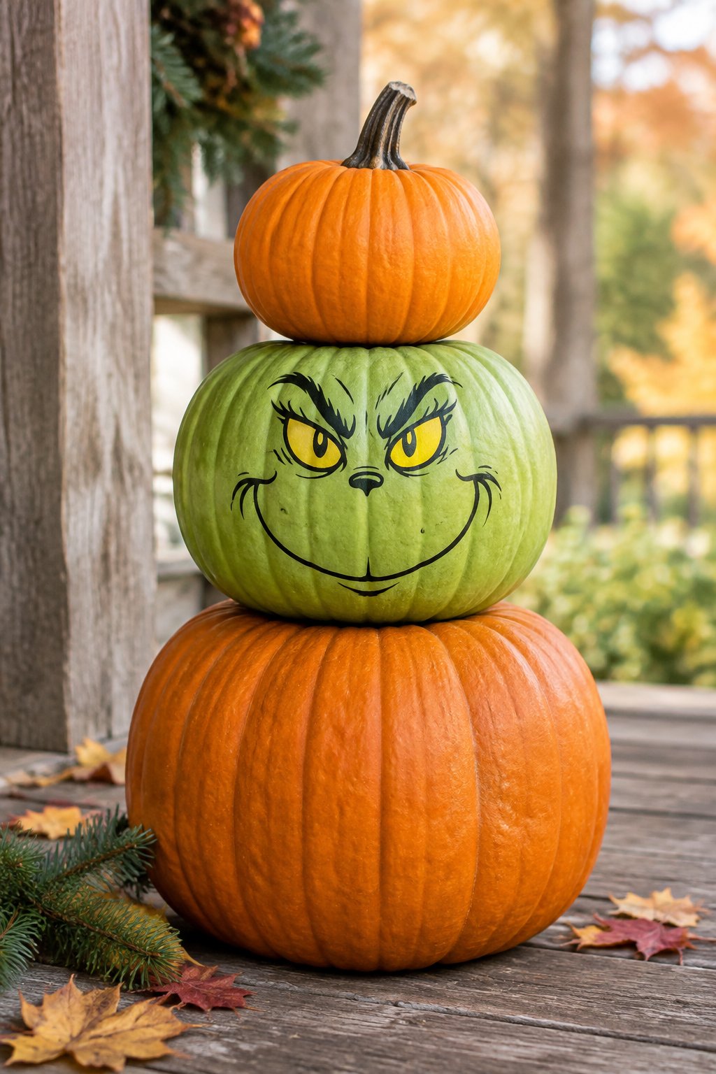 Stacked Season Pumpkins - grinch pumpkin painting