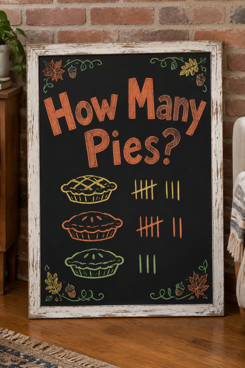 Guess the Pie Count: a framed Thanksgiving chalkboard sign reading "How Many Pies?", hand-drawn in chalk with three pies with tally marks beside each.