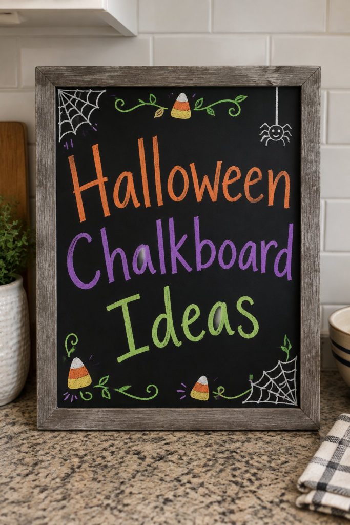 Halloween Chalkboard Ideas: a framed chalkboard sign reading "Halloween Chalkboard Ideas", hand-drawn in orange and purple chalk.