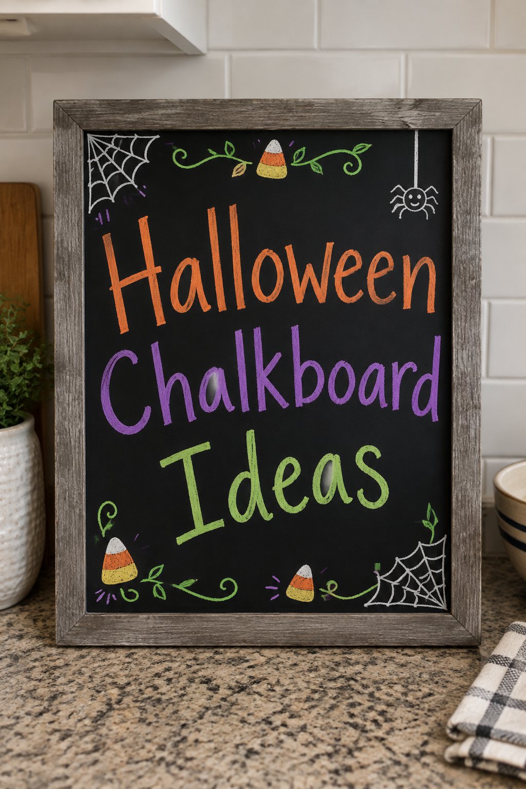 Halloween Chalkboard Ideas: a framed chalkboard sign reading "Halloween Chalkboard Ideas", hand-drawn in orange and purple chalk.